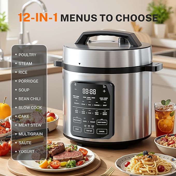 Simple Deluxe 14-in-1 Electric Pressure Cooker - 6QT Stainless Steel Slow & Rice Cooker, Steamer, Sauté, Yogurt Maker, Multi-Cooker with Dishwasher-Safe & Non-Stick