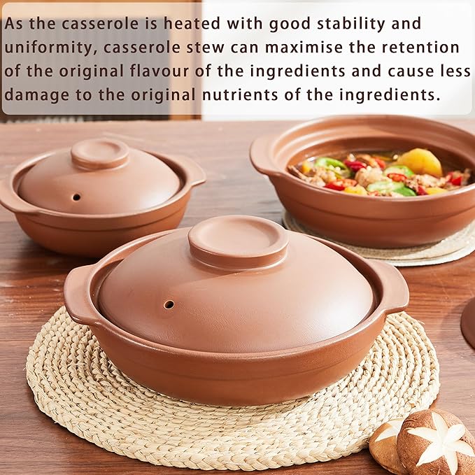 Unglazed Terracotta Ceramic Casserole Dish, Clay Pot, Earthen Pot Cookware with Lid for Dinner and Party, Stockpot for Rice Hot Pot, Stew, Bakeand Serve Oven Safe-Heat Resistant