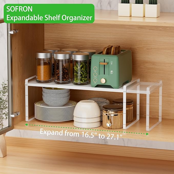 Expandable Cabinet Storage Shelf Stackable Organizer Rack for Kitchen Bathroom Pantry Spice Cupboard Countertop Home Office Desk Heavy Duty Nonslip White Small 2 PACK
