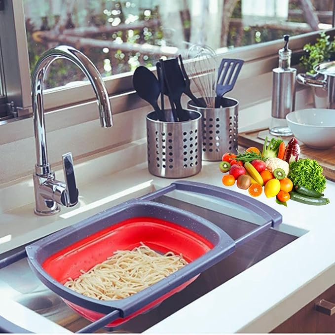 Collapsible Silicone Over-the-Sink Colander – 6-Quart Foldable Strainer with Extendable Handles & 3 Bonus Peelers, Perfect for Vegetables, Fruits, and Pasta|RED