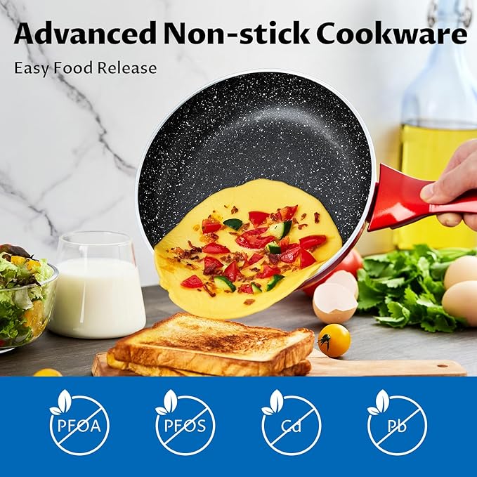 Induction Cookware Pots and Pans Set 10 Piece, BEZIA Dishwasher Safe Nonstick Cooking Pans, Stay-Cool Bakelite Handle, Scratch Resistant Kitchen Sets with Frying Pans, Saucepans & Stockpot (Red)