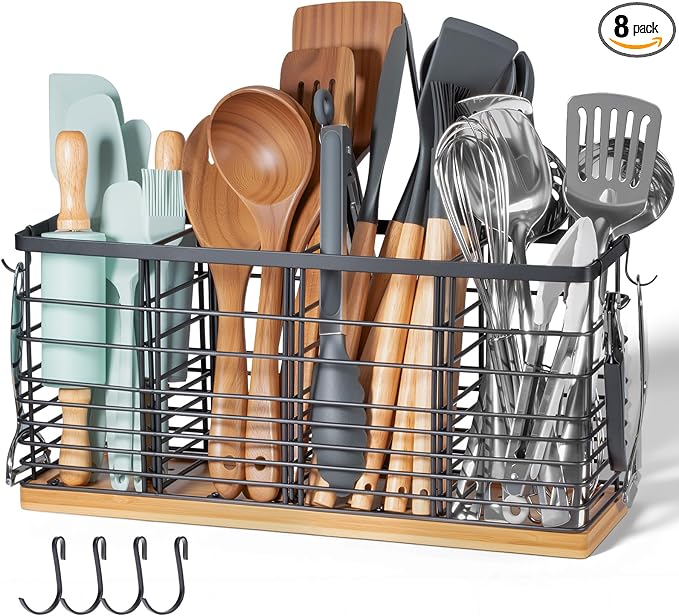 510 Ft³ Metal Extra Large Kitchen Utensil Holder with Wooden Base, 4 Compartments Organizer for Kitchen Countertop Matte Black Holder with 4 Hooks for Cooking Utensils & Tools Storage