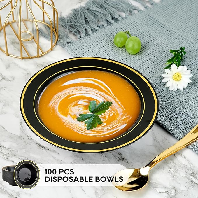 JOLLY PARTY 100PCS Black Plastic Bowls with Gold Rim-12oz Disposable Soup Bowls, Christmas Thanksgiving Premium Dessert Salad Bowls for Wedding/Party/Halloween