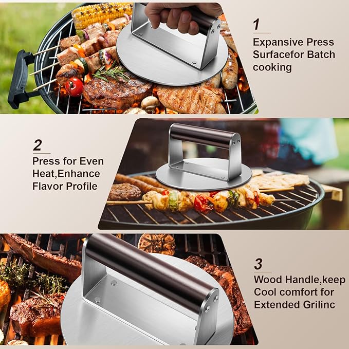 Stainless Steel Burger Press, 6.3" NonStick Hamburger Smasher Tool & Grill Press, 1.32lbs Grill Press with Wood Handle for Blackstone Camp Chef Pitboss Weber Griddle Grills(Round)