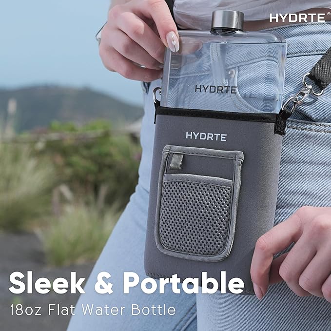 Flat Travel Water Bottle | Leak Proof Slim Flask | BPA Free | 18 oz (Slate Grey)