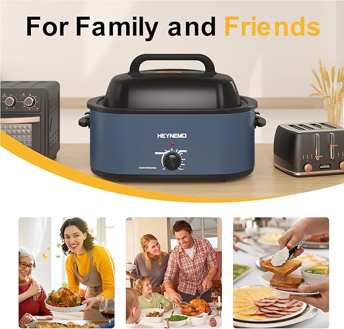 22 Quart Electric Turkey Roaster Oven with Removable Pan Large Stainless Steel Roaster, Visible & Self-basting Lid, Fast Heating & Thaw/warming Setting, Blue