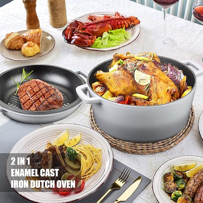 5Qt Dutch Oven, 2-In-1 Enamel Cast Iron Dutch Oven Pot with Skillet Lid, Heavy Duty Oven Safe Cookware for Sourdough Bread Baking Braising, Roasting Stewing Frying Simmering, Multi Stoves, Easy Clean (Gradient Grey)