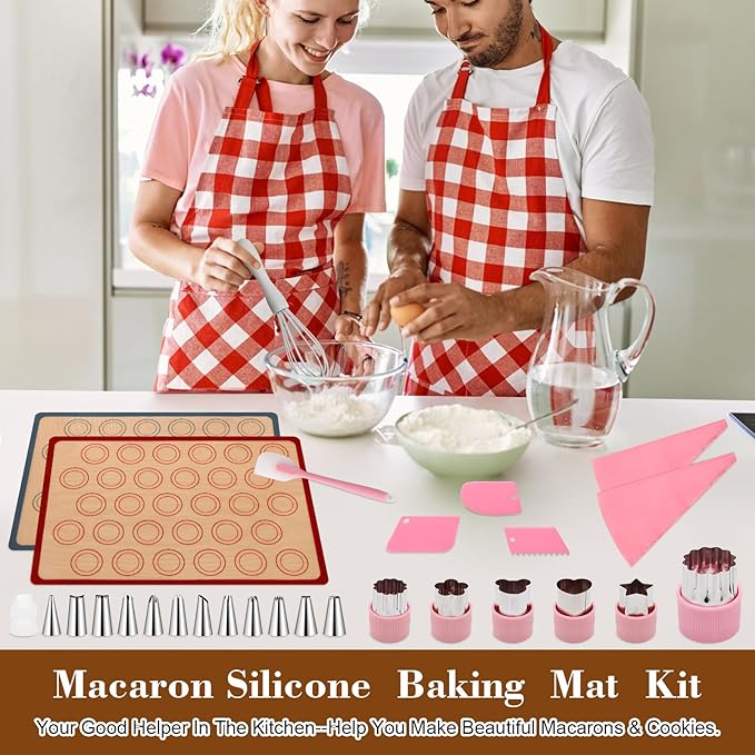 28Pcs Macaron Silicone Baking Mat Kit-2 Sheet Macaron Silicone Baking Mats 11.6"x16.5", 2 Piping Pastry Bag, 12Piping Tip, 1 Coupler, 3 Scraper, 1 Egg Beater, 6 Embossing-Molds Macaron Set