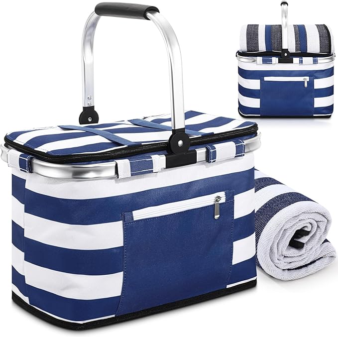 35L Large Insulated Picnic Basket with Blankets Kit Shopping Basket Cooler Bag Leakproof Collapsible Portable Suitable for Picnic Camping Work Hiking Food Delivery Gifts(Blue Stripes)