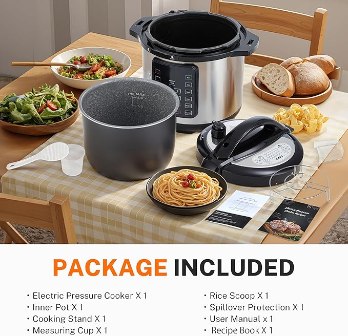 Simple Deluxe Electric Pressure Cooker, Non-Stick 16-in-1 & 8QT Stainless Steel Multi Cooker for Slow Cook, Meat Stew, Cake, Pasta, Multigrain, Dishwasher Safe, Silver