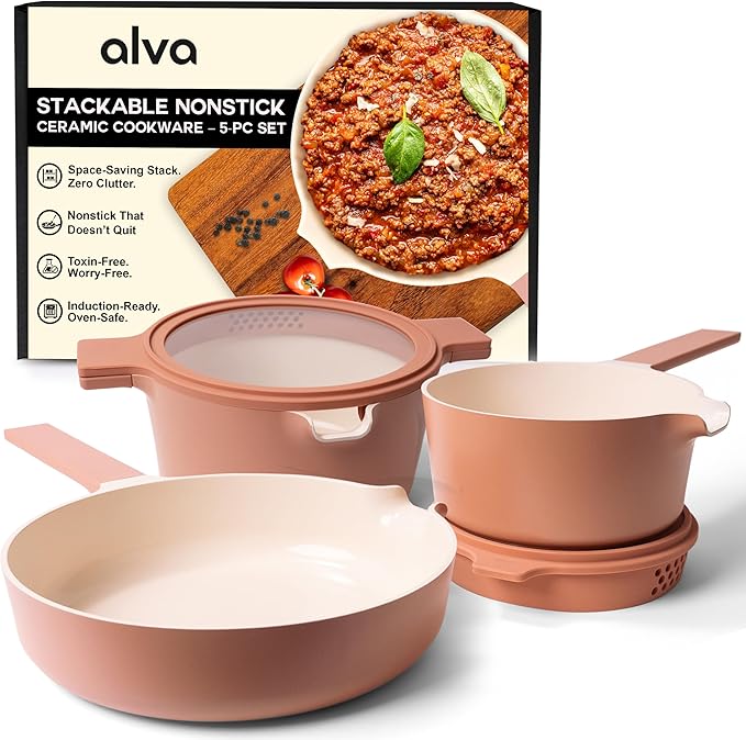 Alva Neat 5-Piece Nesting Cookware Set – Stackable Nonstick Pots & Pans with Universal Lids, Space-Saving Design for Apartments, RVs & Compact Storage - Save 50% Cabinet Space