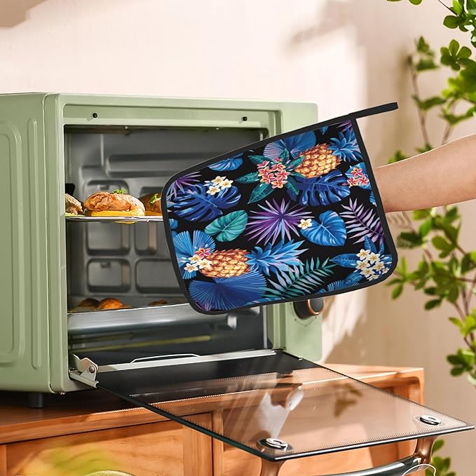 2PCS Hawaiian Pot Holder with Loop,Tropical Palm Leaves and Flowers Heat Resistant Oven Pads, Hot Pat for Kitchen Cooking Baking Food