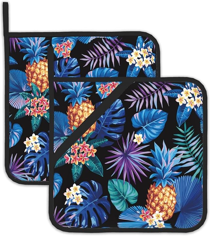 2PCS Hawaiian Pot Holder with Loop,Tropical Palm Leaves and Flowers Heat Resistant Oven Pads, Hot Pat for Kitchen Cooking Baking Food