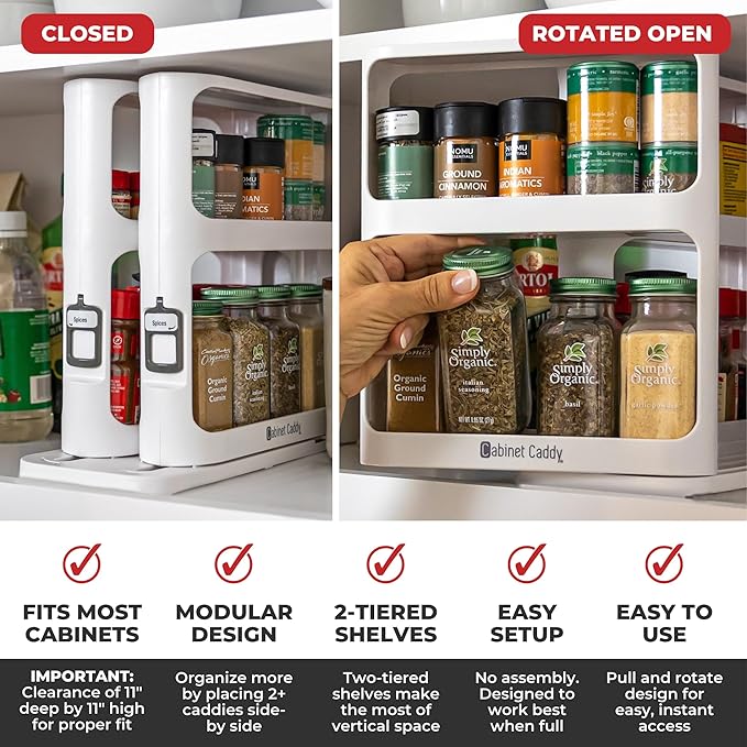 Cabinet Caddy Spice Rack Organizer for Cabinet - Slide & Rotate Kitchen Organizers and Storage - 2 Double-Decker Shelves - Non-Skid Base - Magnetic Modular Design - 10.8" H x 5.25" W x 10.8" D