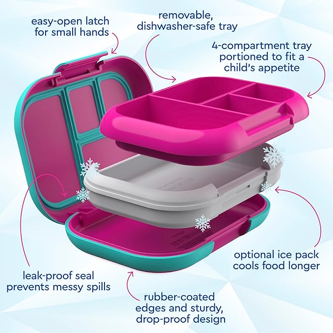 Bentgo Chill Kids Leak-Proof Lunch Box - 4-Compartment Bento Box with Built-In Ice Pack, 3.3 Cup Capacity, PFAS & BPA-Free, Microwave & Dishwasher Safe, Ideal Size for Ages 3 to 7 (Fuchsia/Teal)