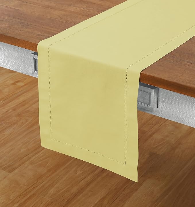 Solino Home Yellow Table Runner 60 Inches - Cotton Linen Hemstitch Coffee Table Runner 14 x 60 Inch Ideal for Dresser Tables - Summer