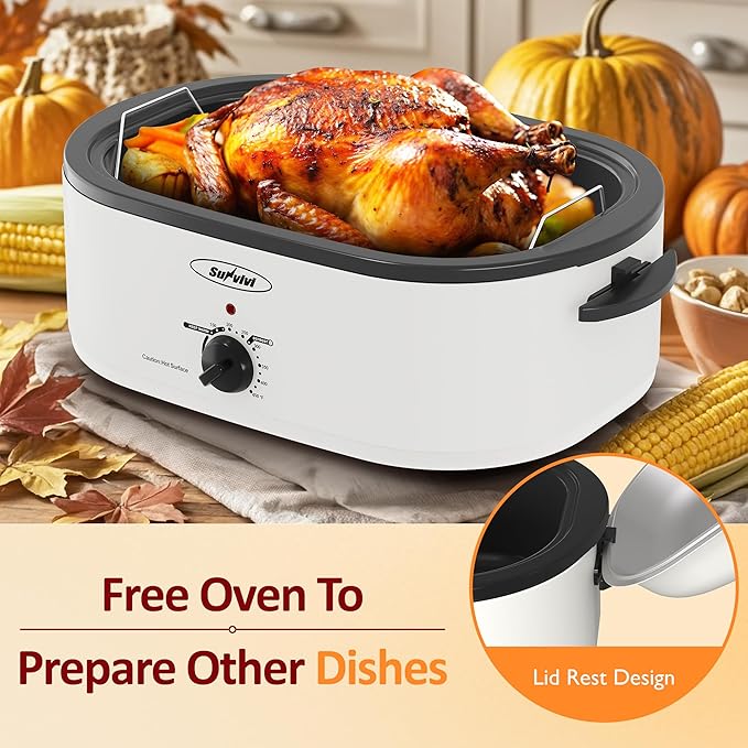 Sunvivi 20-Quart Roaster Oven with Self-Basting Lid, Electric Turkey Roaster Oven with Removable Pan and Rack, Stainless Steel, White