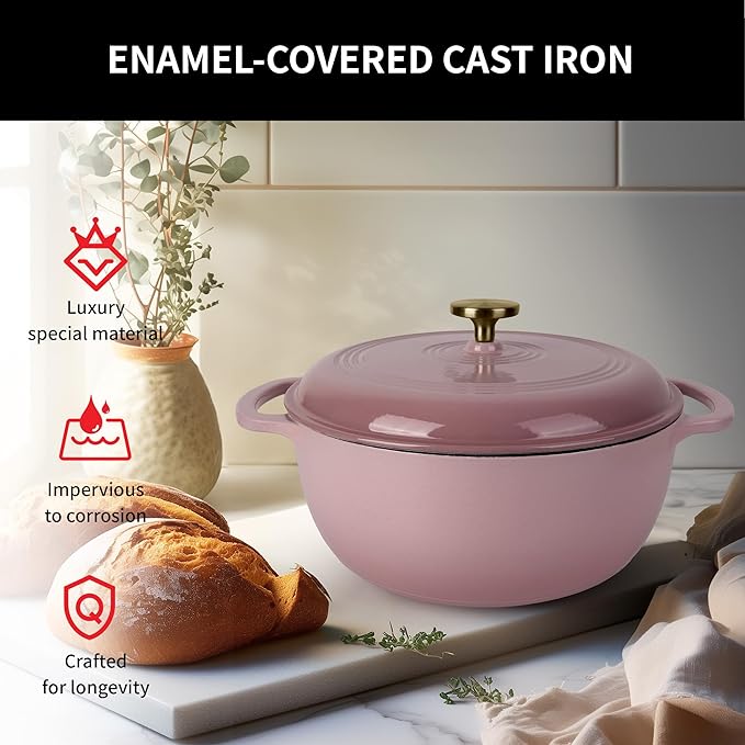 5.5 Quart Enameled Cast Iron Dutch Oven with Lid – Heavy-Duty Cookware for Bread, Braising, and Stews – Dual Handles, Oven Safe to 500°F – Ideal for Stovetop & Oven Cooking (Pink, 5.5QT)