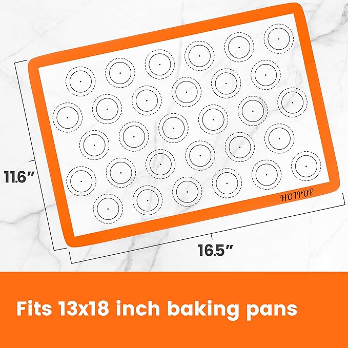 HOTPOP 2-Pack Silicone Baking Sheet Set - No-Stick Cookie Sheets for Baking with Outlined Silicone Mats for Macarons, Pastries, Buns, Bread - 16.5"x11.6" Half, 11.5"x8.5" Quarter Sizes - 0.75mm Thick