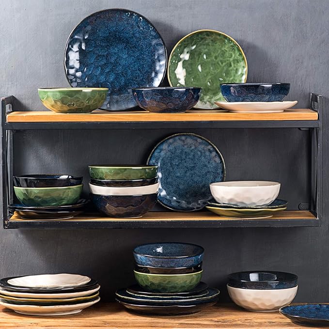 Ceramic Round Dessert Salad Plates - 8 Inch, Set of 6, Microwave, Oven, and Dishwasher Safe, Scratch Resistant, Porcelain Fluted Suitable for Snacks, Appetizer, Home, Party (Green)