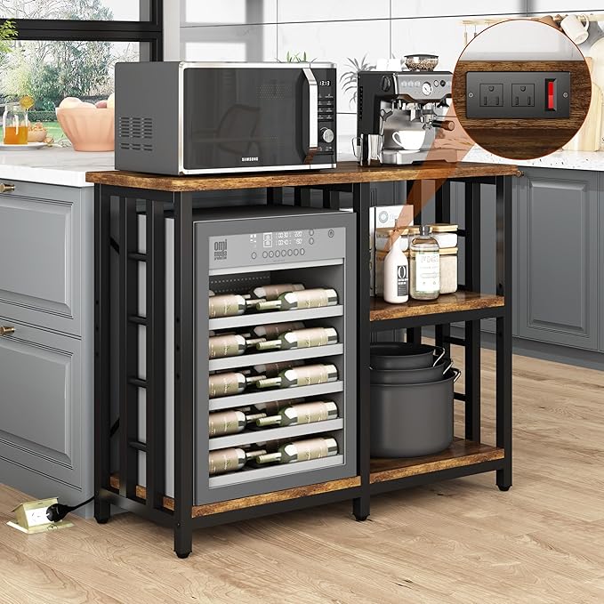 Mini Fridge Stand with Power Outlet, Mini Fridge Stand, Microwave Oven Stand Table, Bar Cabinet, Aquarium Stands, 4-Tier Kitchen Baker's Rack for Spices, Pots and Pans.