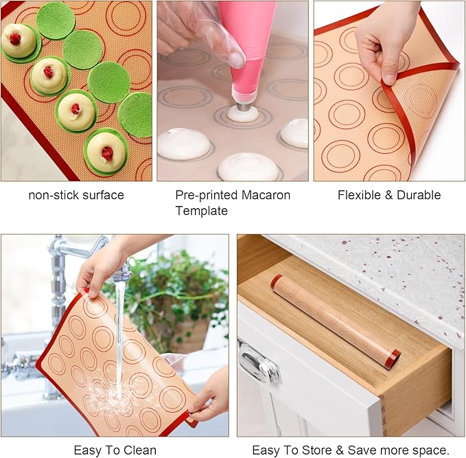 28Pcs Macaron Silicone Baking Mat Kit-2 Sheet Macaron Silicone Baking Mats 11.6"x16.5", 2 Piping Pastry Bag, 12Piping Tip, 1 Coupler, 3 Scraper, 1 Egg Beater, 6 Embossing-Molds Macaron Set