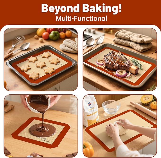 Silicone Baking Mat, 5 Pcs Grade Food Non-Stick Reusable Baking Mat, Slip Oven Liner Sheet, Round & Square Cake Pan Mat & Silicone Brush for Macaron, Pastry, Cookie