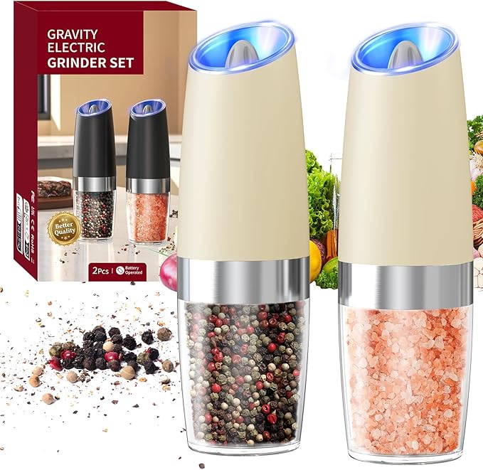 CIRCLE JOY Gravity Electric Salt and Pepper Grinder Set Automatic Salt and Pepper Grinder Set with LED Light, Battery Operated, Adjustable Coarseness, Large Capacity, for Home Kitchen BBQ, Beige