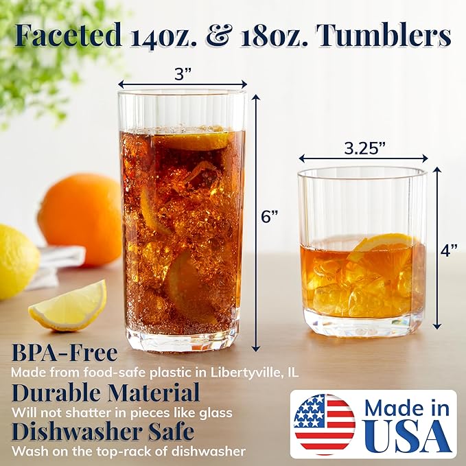 US Acrylic Faceted Clear Plastic Reusable Drinking Glasses (Set of 8) 14oz Rocks & 18oz Water Cups | BPA-Free Tumblers, Made in USA | Top-Rack Dishwasher Safe