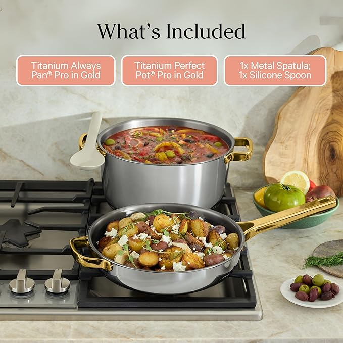 Our Place Titanium Pro Cookware Duo – Always Pan & Perfect Pot with Nonstick No-Coating Technology | Tri-Ply Titanium & Stainless Steel | Safe for Oven, Induction & All Cooktops up to 750°F | Gold
