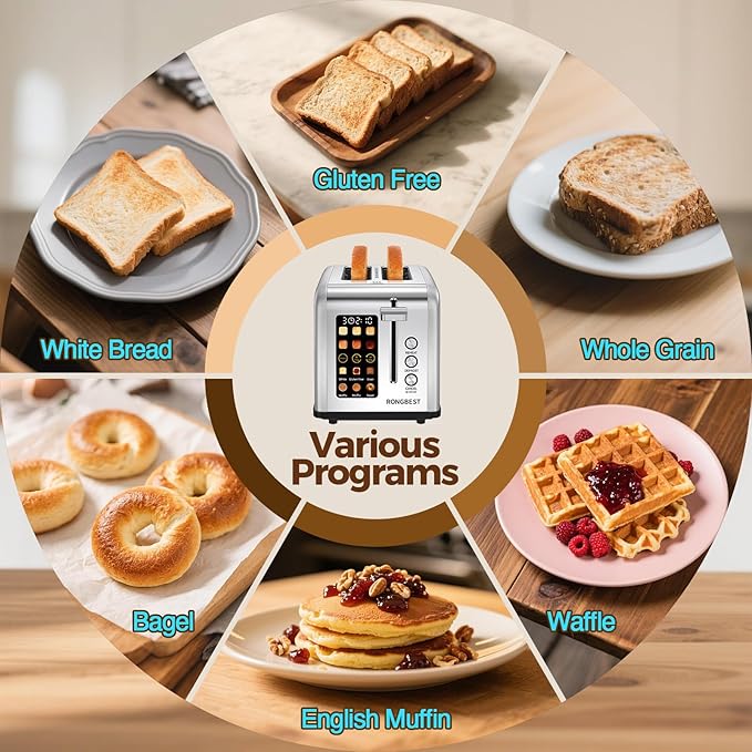 2 Slice Touch Screen Toaster, Stainless Steel Toaster with Wide Slots for Bagels and Bread, Reheat/Defrost/Cancel Functions, Removable Crumb Tray, Silver