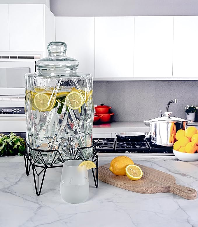 Glacial Ice Design Glass Beverage Dispenser with SS Spigot and Stand - 2.5 Gal
