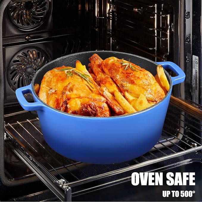 5Qt Dutch Oven, 2-In-1 Enamel Cast Iron Dutch Oven Pot with Skillet Lid, Heavy Duty Oven Safe Cookware for Sourdough Bread Baking Braising, Roasting Stewing Frying Simmering, Multi Stoves, Easy Clean (Gradient Blue)
