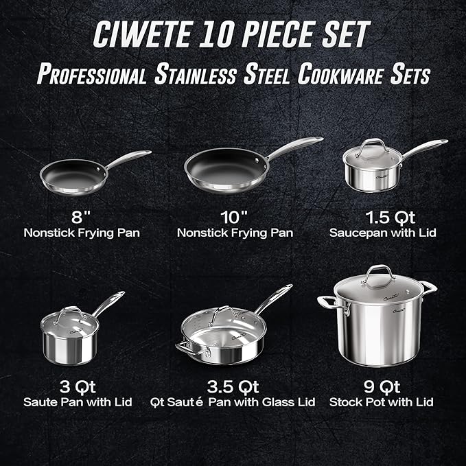 Stainless Steel Pots and Pans Set 10 Piece, Kitchen Cookware Set with Nonstick Frying Pans and Glass Lids, Induction Cookware Set, Including 2 Saucepans, Sauté pan, 2 Frying Pans, Stock Pot