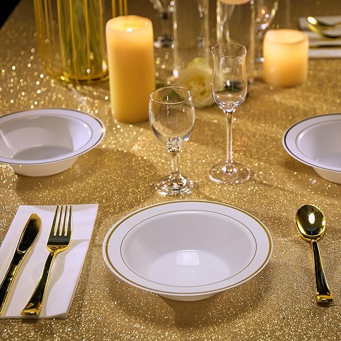 JOLLY PARTY 50PCS Plastic Bowls with Gold Rim-12oz disposable Soup Bowls, Christmas Thanksgiving Premium Dessert Salad Bowl for Wedding/Party