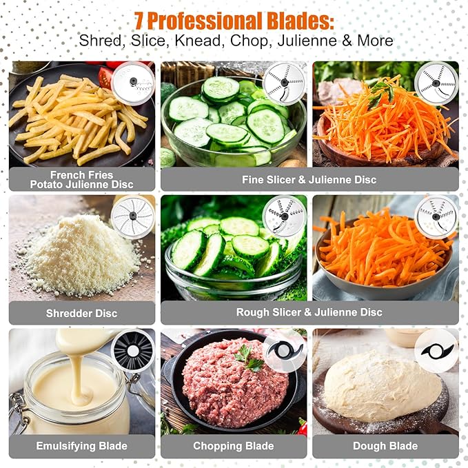 Homtone 16 Cup Food Processor Large, 9 Functions 7 Blades 3 Speeds for Shredding, Slicing, Making French Fries, Chopping Meat, Kneading Dough & Emulsifying, 600W, Red