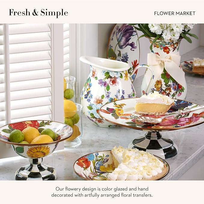 MACKENZIE-CHILDS Enamel Pitcher with Spout for Water, Cut Flowers, and Home Decor, 3 Quarts, White Flower Market