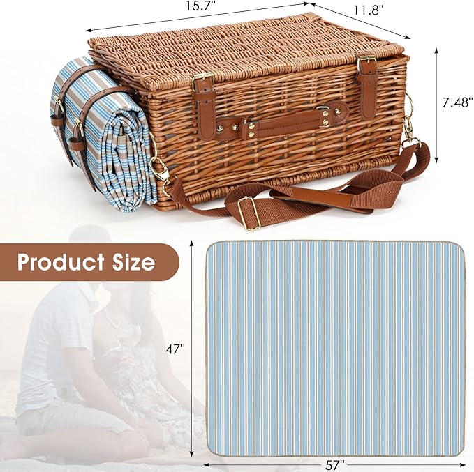 Picnic Cooler Basket Set for 2 Persons with Large Waterproof Picnic Blanket, Cutlery Service Kit and Adjustable Strap