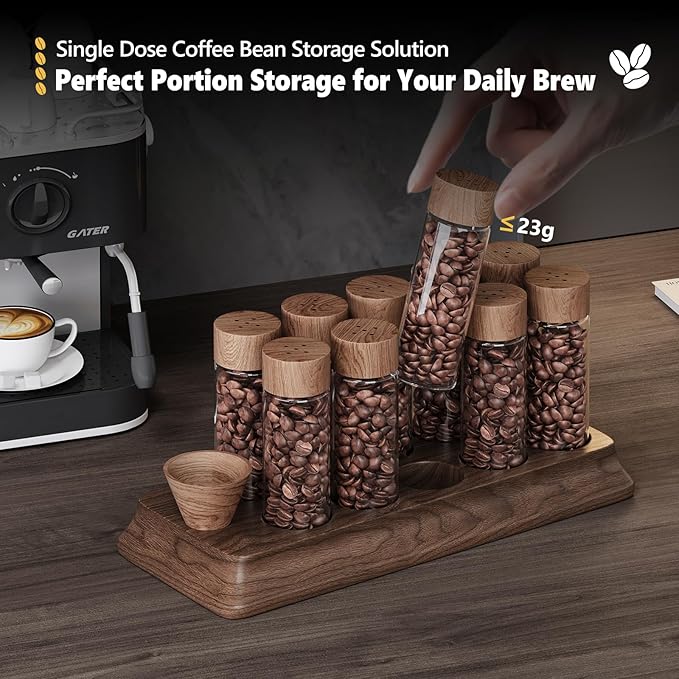 Single Dose Coffee Bean Storage Tubes Coffee Storage Container with One-Way Exhaust Valve,Coffee Bean Cellar 10 Pcs Dosing Glass Vials (2 Oz) Walnut Wood Stand Funnel And Lids