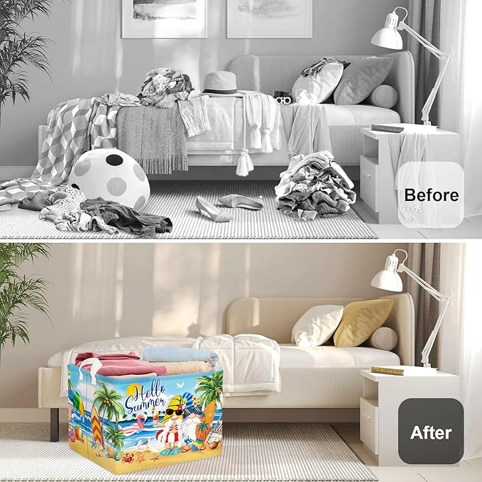 Summer Tropical Beach Storage Basket Collapsible Clothes Kid Laundry Hamper Palm Tree Large Picnic Basket Boy Girl Book Toy Box Bin, Blue, 36L