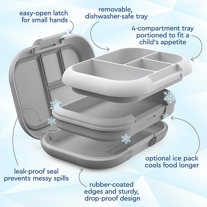 Bentgo Chill Kids Leak-Proof Lunch Box - 4-Compartment Bento Box with Built-In Ice Pack, 3.3 Cup Capacity, PFAS & BPA-Free, Microwave & Dishwasher Safe, Ideal Size for Ages 3 to 7 (Gray)