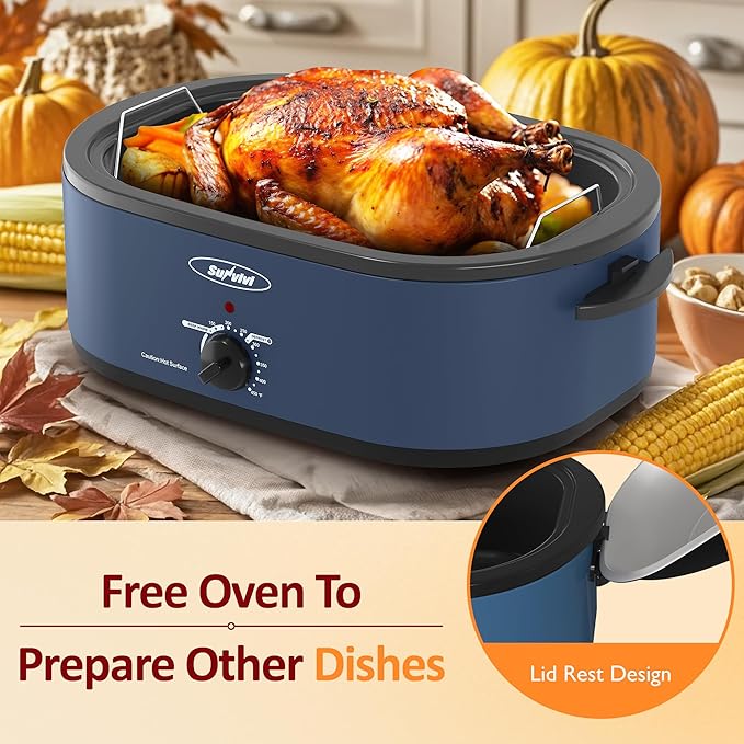 Sunvivi 20-Quart Roaster Oven with Self-Basting Lid, Electric Turkey Roaster Oven with Removable Pan and Rack, Stainless Steel, Blue