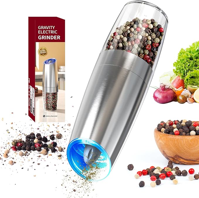 CIRCLE JOY Stainless Steel Graviry Electric Pepper Grinder Automatic Salt Grinder Pepper Griner Mill Electric, Battery Operated, LED Light, Adjustable Coarseness, for Home Kitchen BBQ, Silver