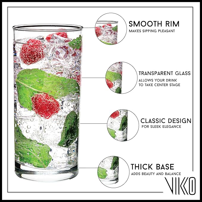 Vikko Water Glasses, Set of 6 Drinking Glasses, Thick and Durable Tumbler, 10 Ounce Tall Kitchen Glasses, Dishwasher Safe Highball Glass Tumbler, Heavy Duty Cups