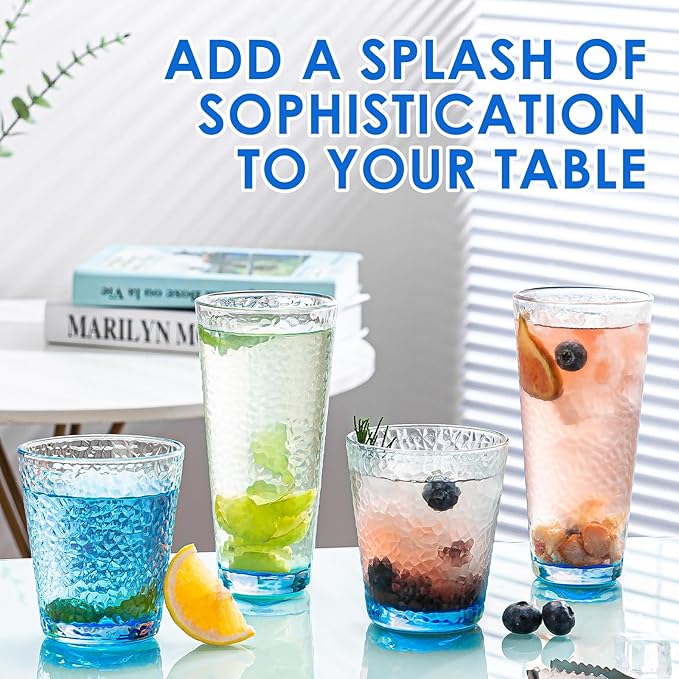 Drinking Glasses, 8 Piece Glass Cups, Colored Mixed Glassware Set, 4 pcs Crystal 12oz Highballs and 4 pcs 10oz Rocks Glasses, Great for Cocktail, Whisky and other Beveragesc (Light BLUE)