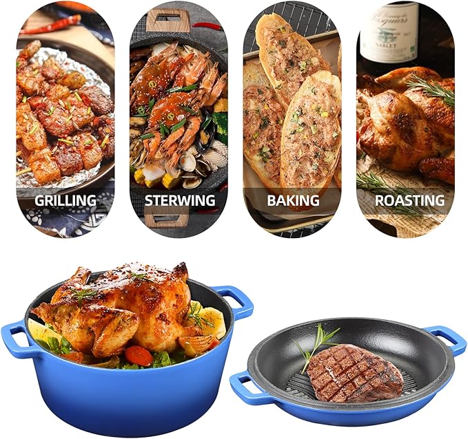 5Qt Dutch Oven, 2-In-1 Enamel Cast Iron Dutch Oven Pot with Skillet Lid, Heavy Duty Oven Safe Cookware for Sourdough Bread Baking Braising, Roasting Stewing Frying Simmering, Multi Stoves, Easy Clean (Gradient Blue)