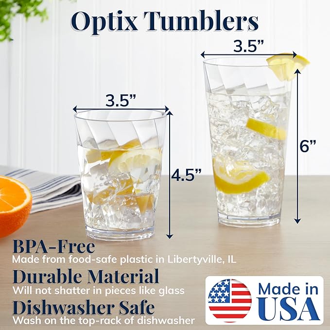 US Acrylic Optix Plastic Reusable Drinking Glasses (Set of 16) 14oz Rocks & 20oz Water Cups in Clear | BPA-Free Tumblers, Made in USA | Top-Rack Dishwasher Safe