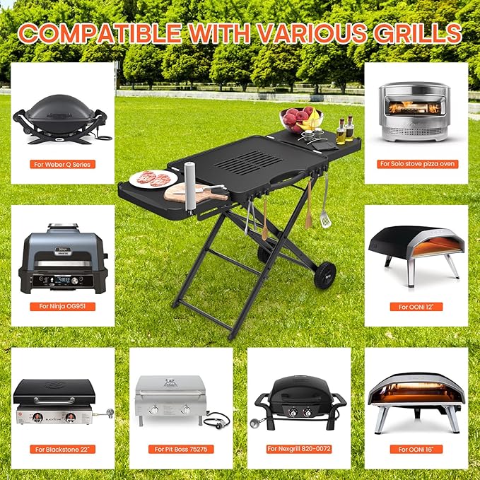 Grill Stand for Ninja Woodfire OG701, OG850, OG951, Portable Foldable Grill Table with Wheels & Side Shelf, 51" Large Space BBQ Table for Weber, Blackstone Griddle, Ooni Pizza Oven Accessories