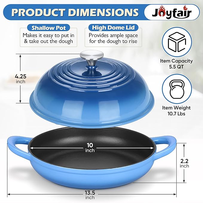Bread Dutch Oven for Sourdough Baking (5.5 QT), Joyfair Enameled Cast Iron Dutch Oven Pot with Lid, Sourdough Bread Pan with Heavy Duty Dual Handles, Non-Stick & Even Heat, Oven-safe up to 500°F, Blue