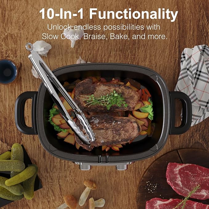 10-in-1 Programmable Slow Cooker with Timer, 6.8 Quart Crock Pot, Presets to Sous Vide, Bake, Sauté, Cook Rice& More, Nonstick Dishwasher-Safe Pot, Adjustable Temp&Time, Stainless Steel